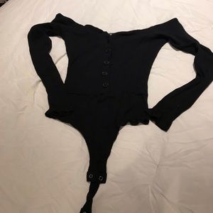 Black Off The Shoulder Button Down Body Suit